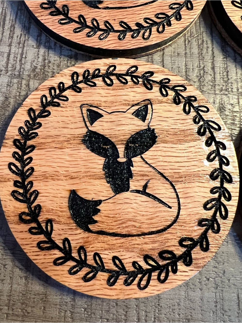 Set/4 Wooden Lazer Engraved Fox Coaster w/Wreath Design-New In Box